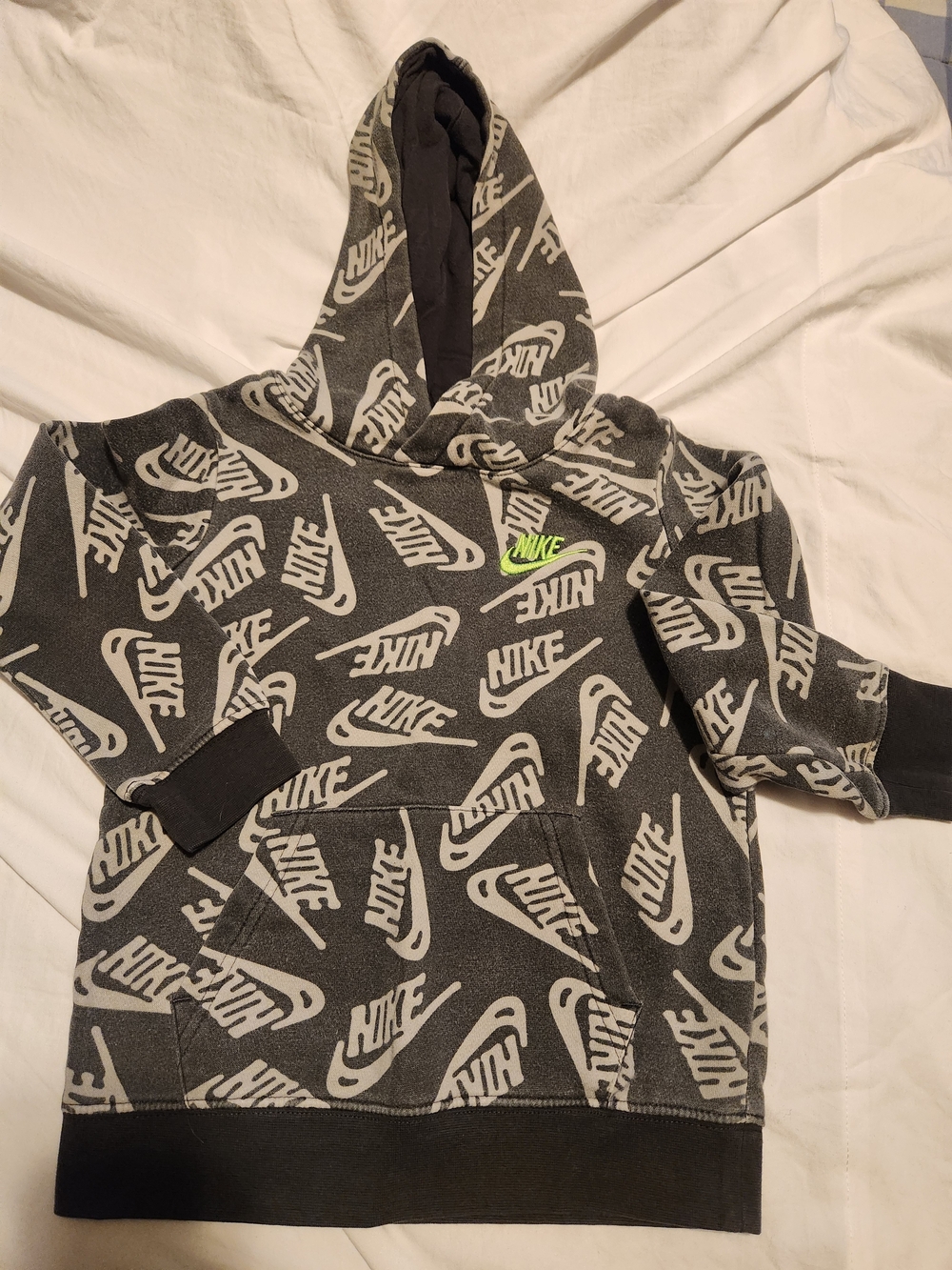 Nike Kids Black & Gray All-Over Logo Hoodie with Neon Green Swoosh